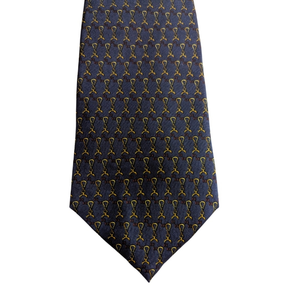Venezia - Vintage 100% Silk Made in Italy Navy Chain Link Pattern Woven Neck Tie